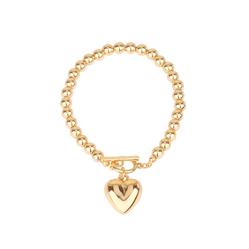 6MM Gold Beaded with Toggle and Puffy Heart Bracelet