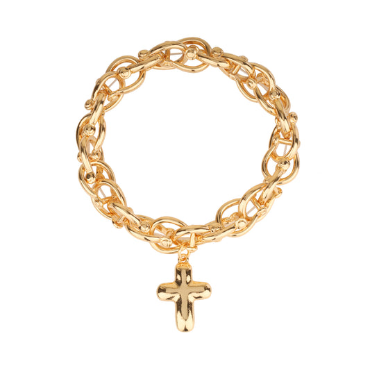 Gold Layered Metal Stretch Bracelet with Cross Charm Necklace