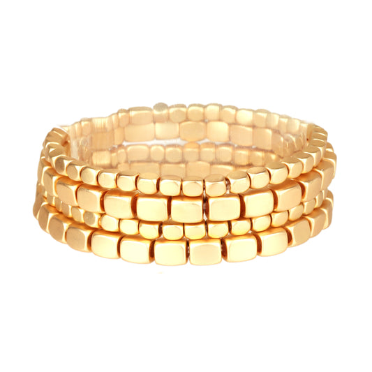 Matte Gold Square Beaded Set of 4 Strech Bracelet Set