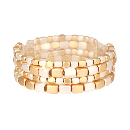 Silver and Matte Gold Square Beaded Set of 4 Strech Bracelet Set