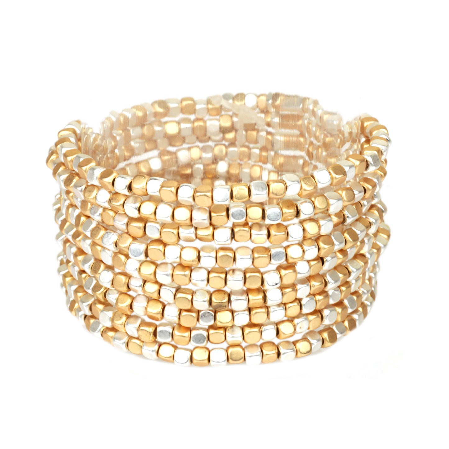 Gold and Silver Small Nugget Set of 9 Stretch Bracelets