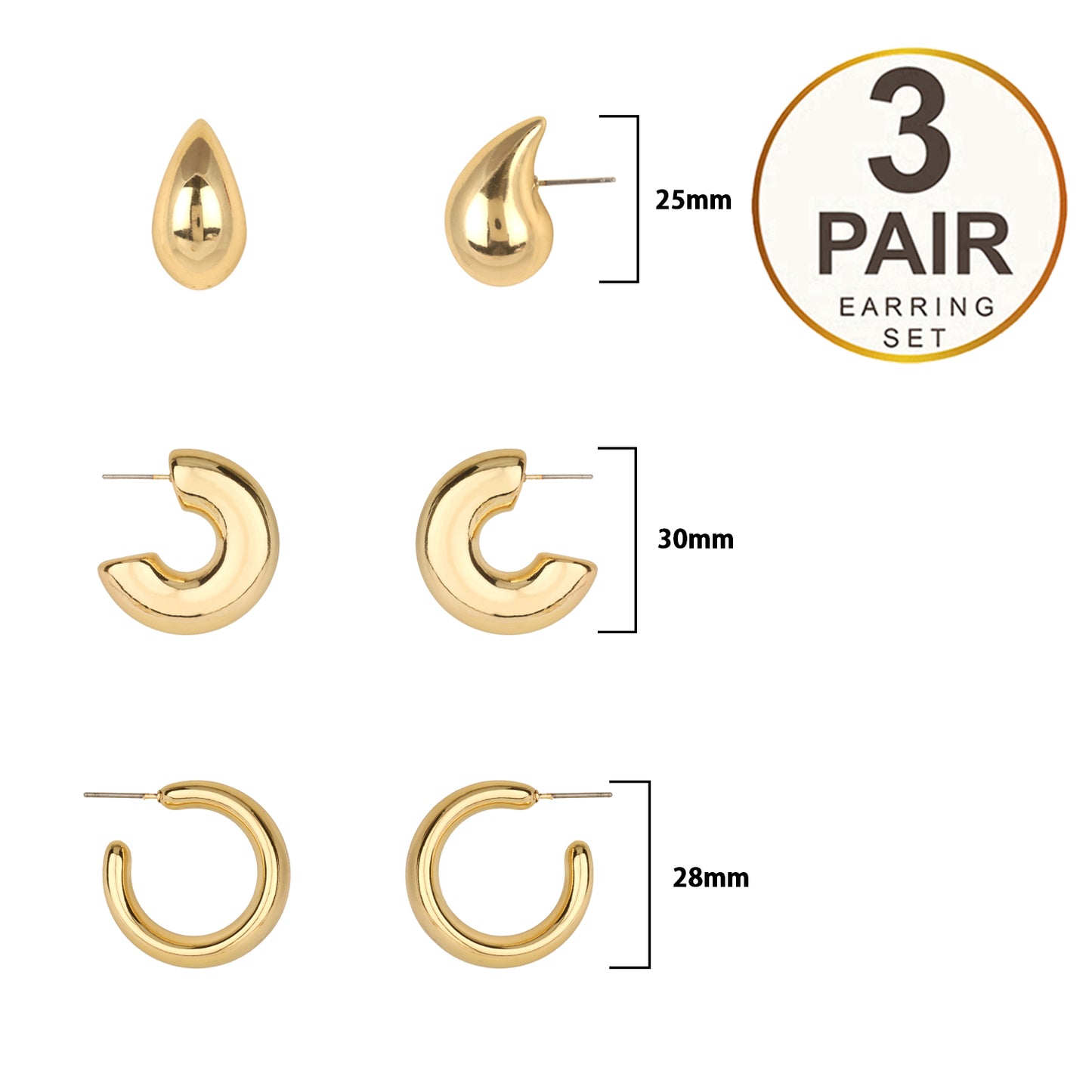 Set of 3 Gold Hoop Earrings