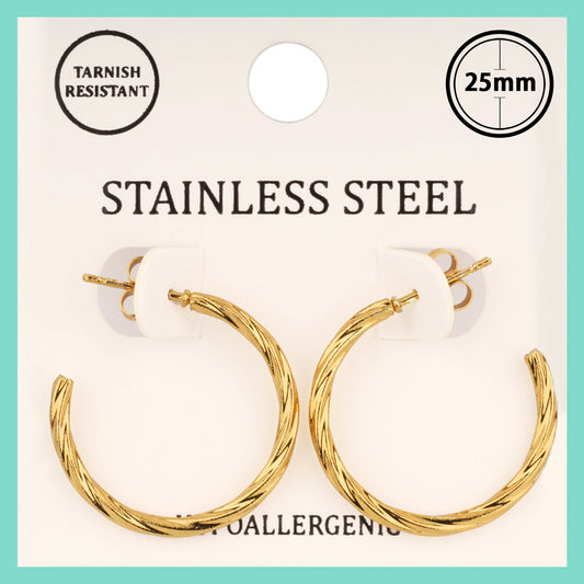 Stainless Steel Waterproof .75" Twisted Thin Hoop Earring