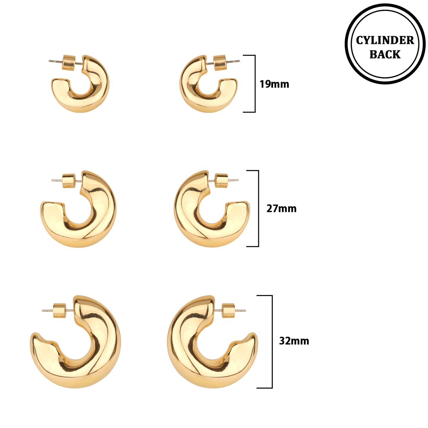 Set of 3 .5", .8", 1" Thick Huggie Hoop Earring