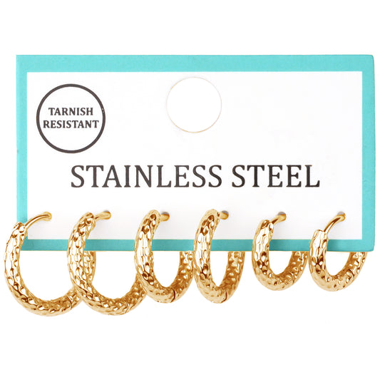 Set of 3 .3", .4", .5" Gold Textured Hoop Earrings