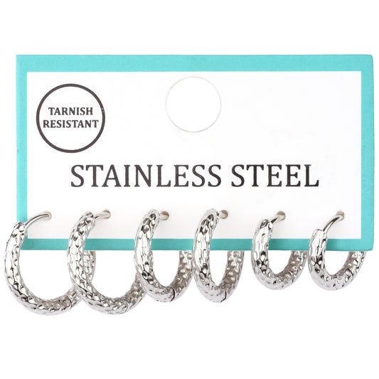 Set of 3 .3", .4", .5" Silver Textured Hoop Earrings