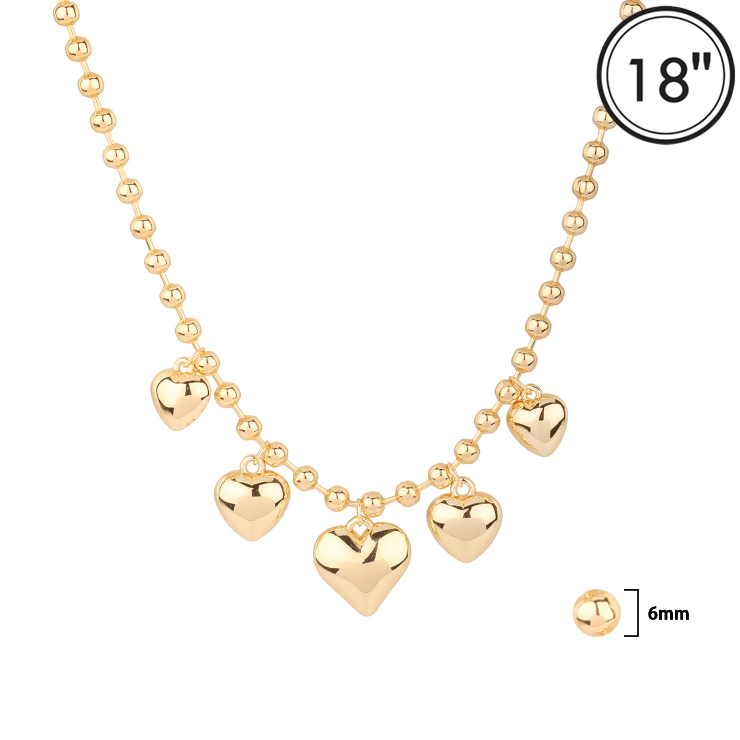 Gold 6MM Beaded Chain with 5 Puffy Heart Charms 16"-18" Necklace