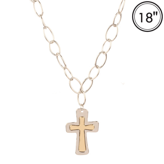 Silver Open Circle Metal with Gold Cross 18" Necklace