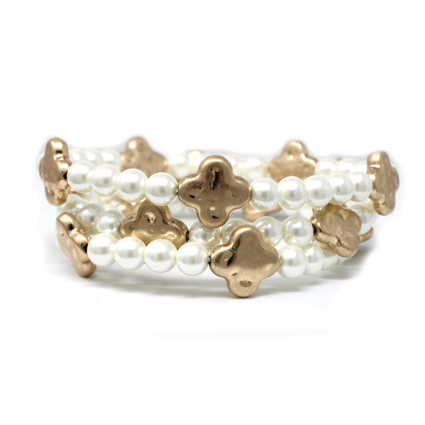 Three Row Pearl with Hammered Gold Clover Stretch Bracelets