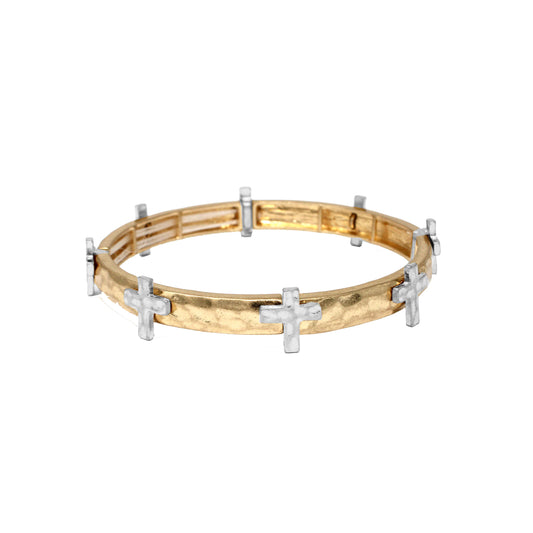 Gold Hammered Stretch Bracelet with Silver Cross Accents