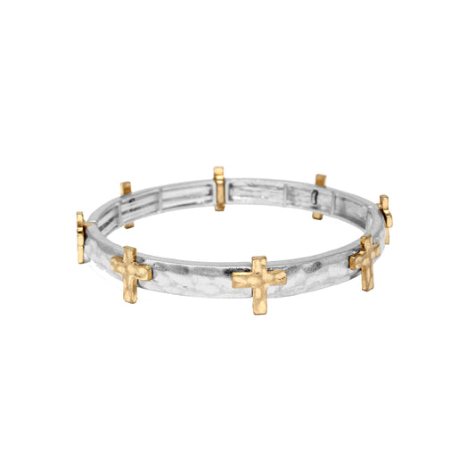 Silver Hammered Stretch Bracelet with Gold Cross Accents
