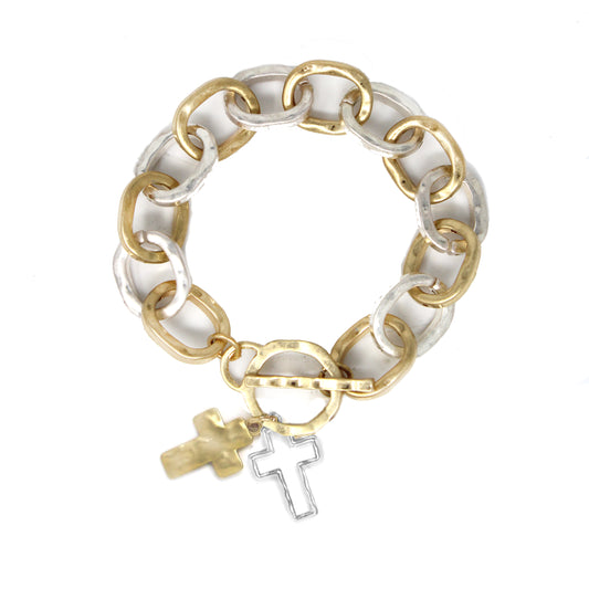 Gold and Silver Toggle Chain with Gold and Silver Cross Charms
