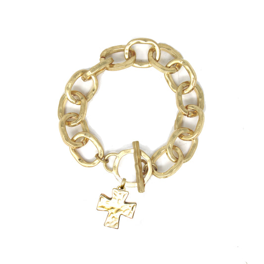 Thick Gold Chain Toggle Bracelet with Hammered Cross Charm