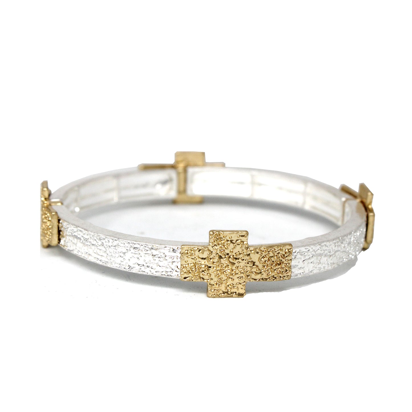 Hammered Silver with Gold Cross Accents Stretch Bracelet