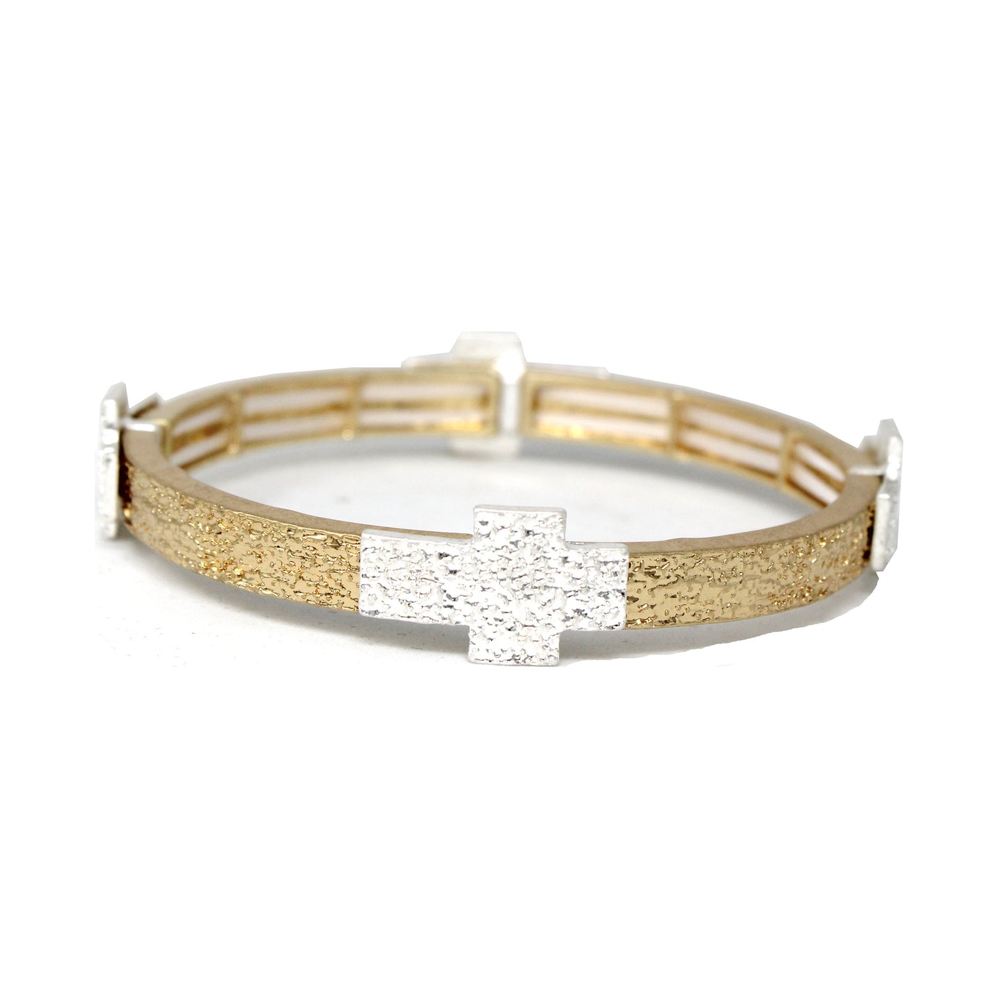 Hammered Gold with Silver Cross Accents Stretch Bracelet
