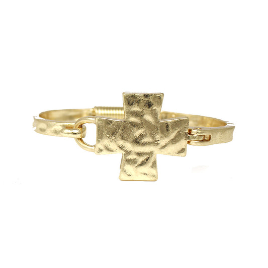 Worn Gold Hammered Cross Hinged Bracelet