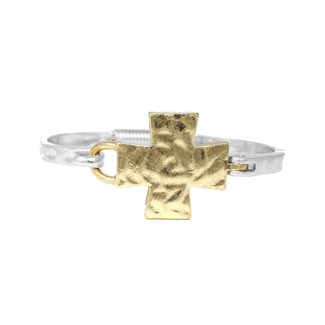 Worn Gold Hammered Cross on Silver Hinged Bracelet