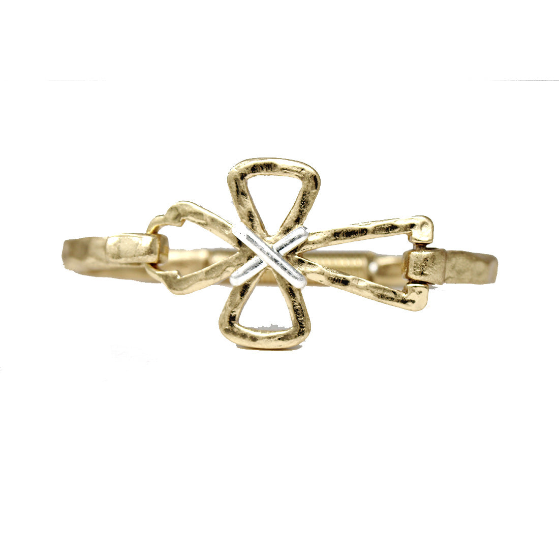 Gold Open Cross with Silver Wired Accents Hinged Bracelet