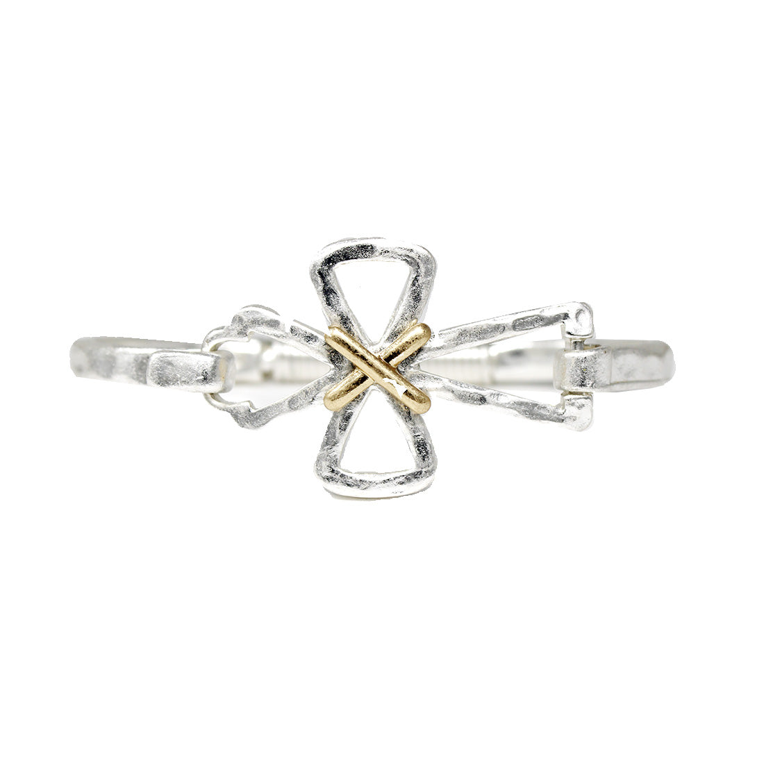 Silver Open Cross with Gold Wired Accents Hinged Bracelet