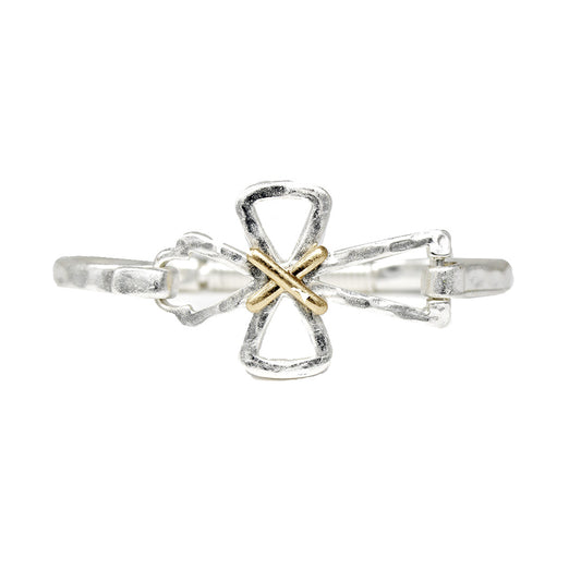 Silver Open Cross with Gold Wired Accents Hinged Bracelet