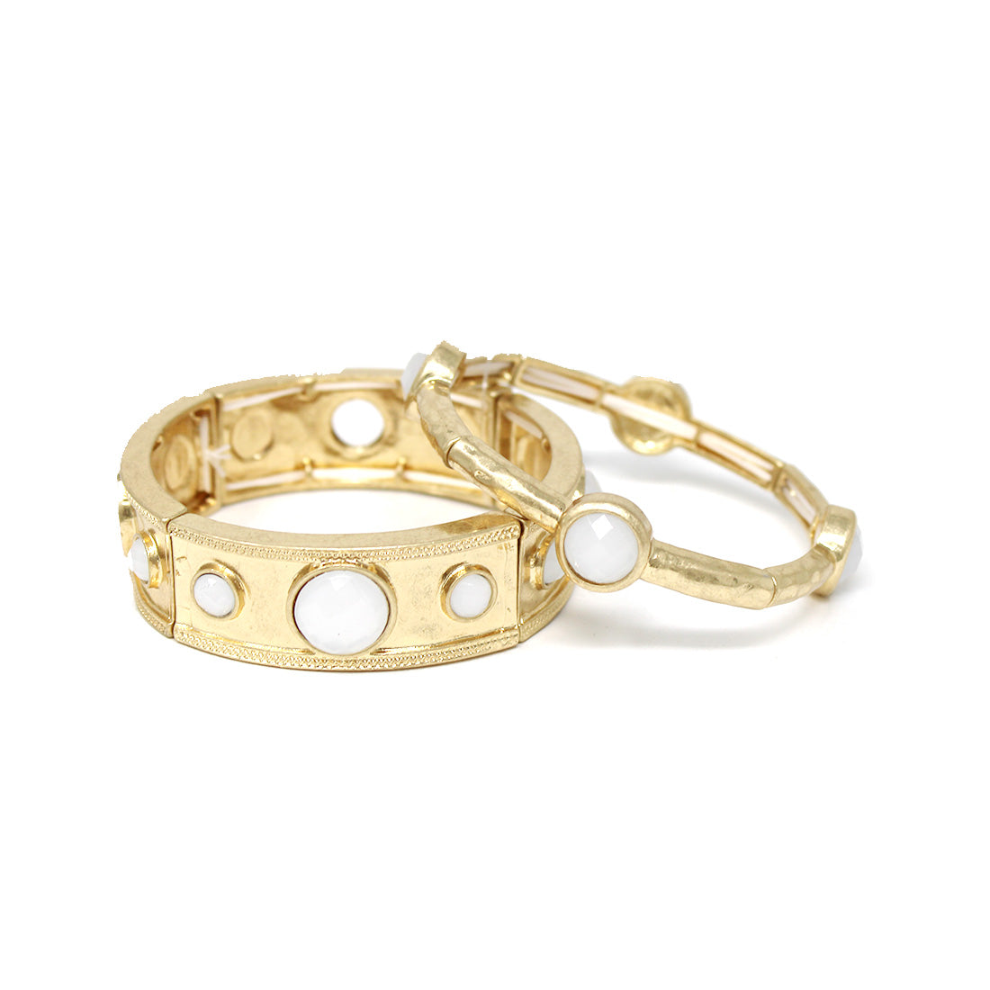 Hammered Gold with Pearl Circle Accents Stretch Bracelet and Bangle Set of 2 Bracelets