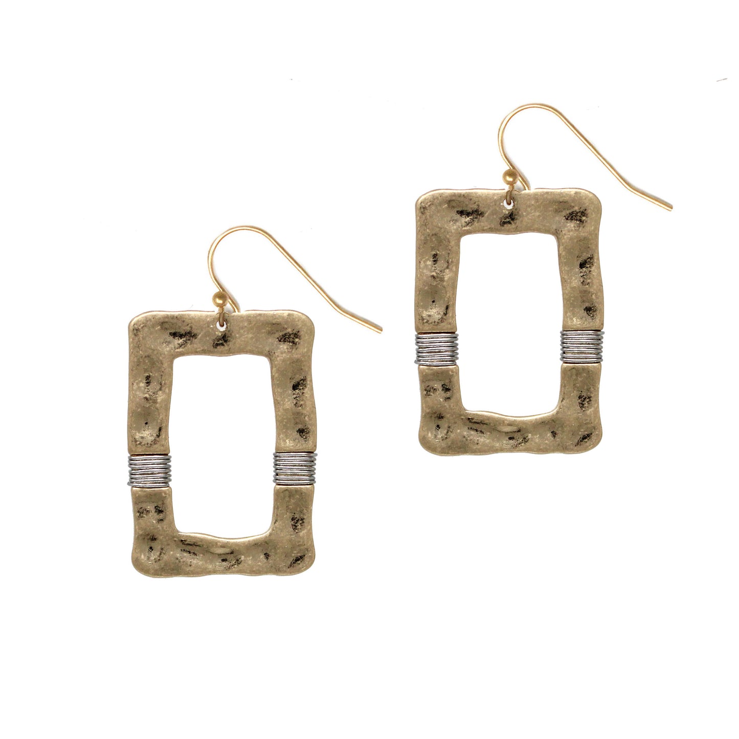 Hammered Rectangle Gold with Silver Wired Accent 2" Earring