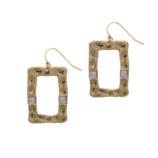 Hammered Rectangle Gold with Silver Wired Accent 2" Earring