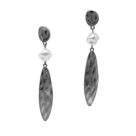 Hammered Silver with Freshwater Pearl Geometric 2" Drop Earring
