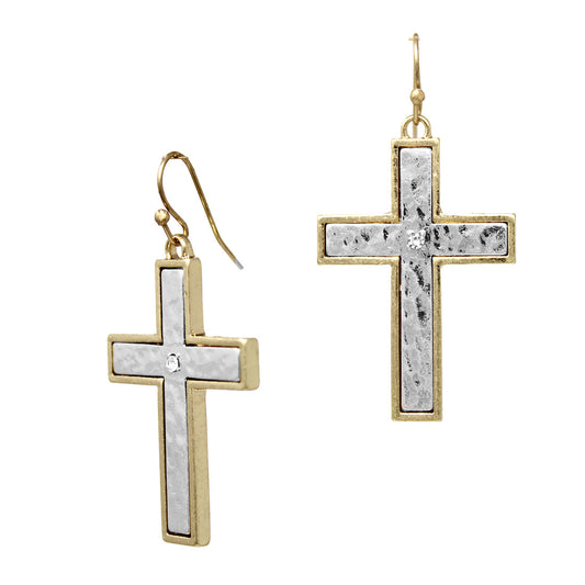 Gold Outline with Hammered Silver Cross 1.5" Earring