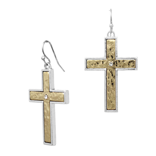Silver Outline with Hammered Gold Cross 1.5" Earring