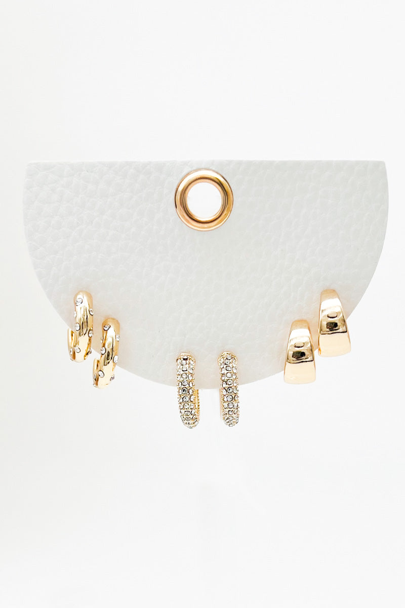 Set of Three Gold Rhinestone and Huggie Hoop, .5", 1.25" Earrings
