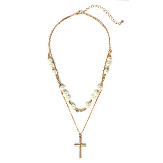 Gold and Pearl Beaded Layered Cross 16"-18" Necklace