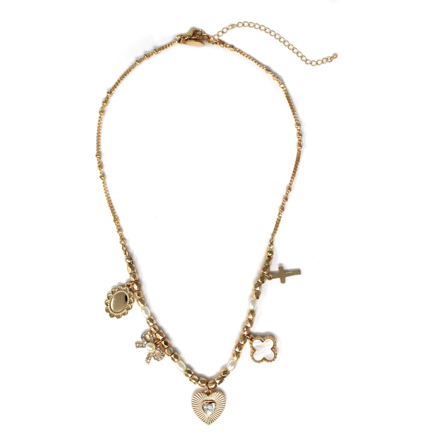 Multi Charm Coin, Bow, Heart, and Cross 16"-18" Necklace