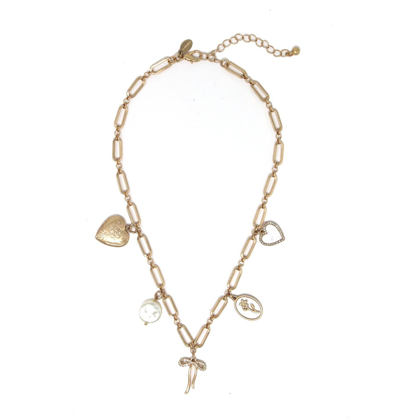 Gold Heart, Pearl, and Bow Charam 16"-18" Necklace