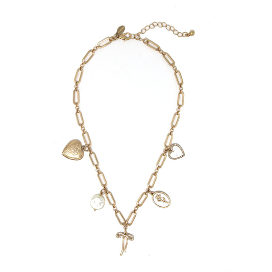 Gold Heart, Pearl, and Bow Charam 16"-18" Necklace