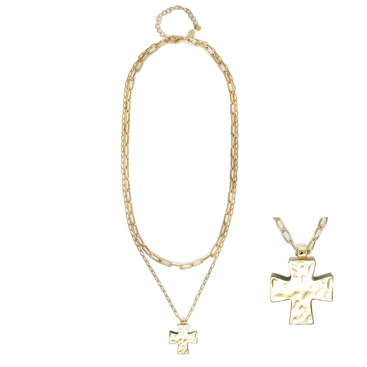 Gold Layered Chain with Hammered Cross Charm 16"-18" Necklace