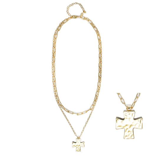 Gold Layered Chain with Hammered Cross Charm 16"-18" Necklace