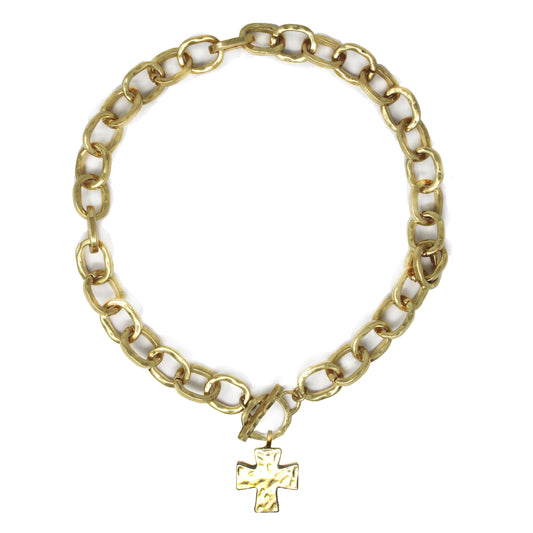 Worn Gold Open Chain with Toggle and Cross Charm 18" Necklace