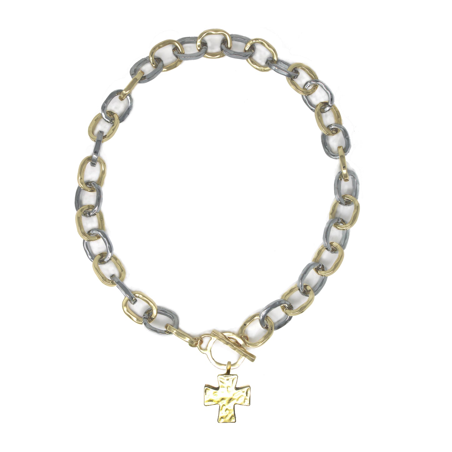 Worn Silver and Gold Open Chain with Toggle and Cross Charm 18" Necklace