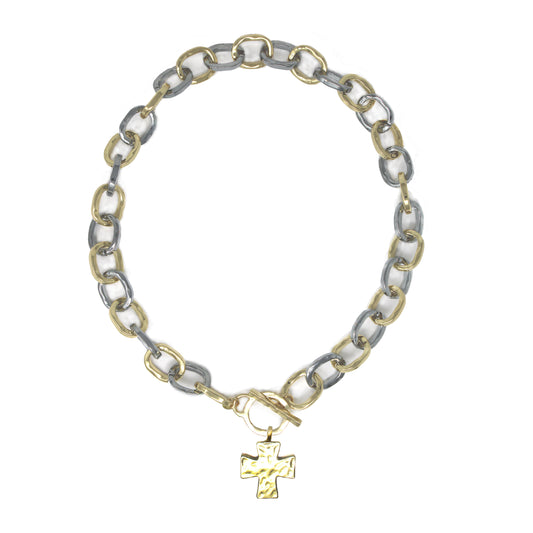 Worn Silver and Gold Open Chain with Toggle and Cross Charm 18" Necklace
