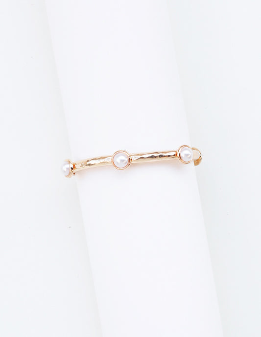 Gold Hammered Stretch Bracelet with Pearl Oval Accents