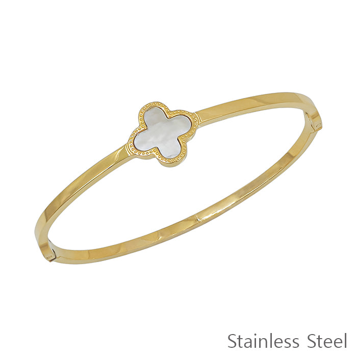 Gold Hinged with White Clover Stainless Steel Bracelet