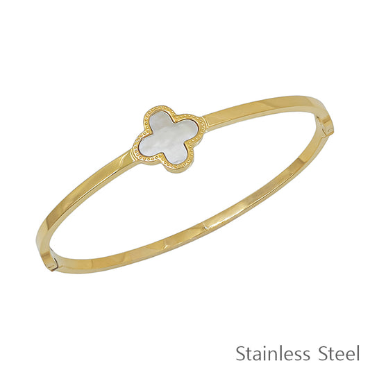 Gold Hinged with White Clover Stainless Steel Bracelet