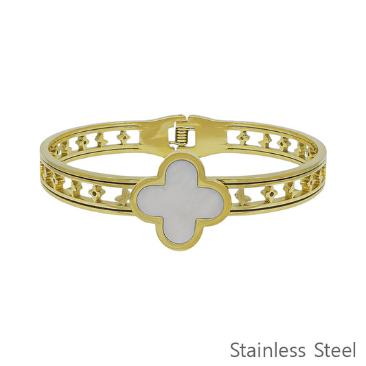 Gold Hinged with White Clover Stainless Steel Bracelet