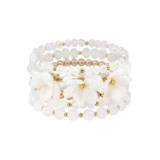 Set of 5 White Crystal and Gold with White Flowers Stretch Bracelet