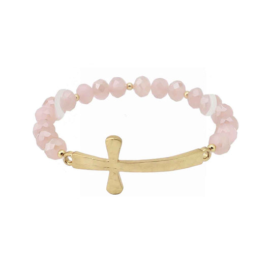 Light Pink Crystal with Gold Cross Stretch Bracelet