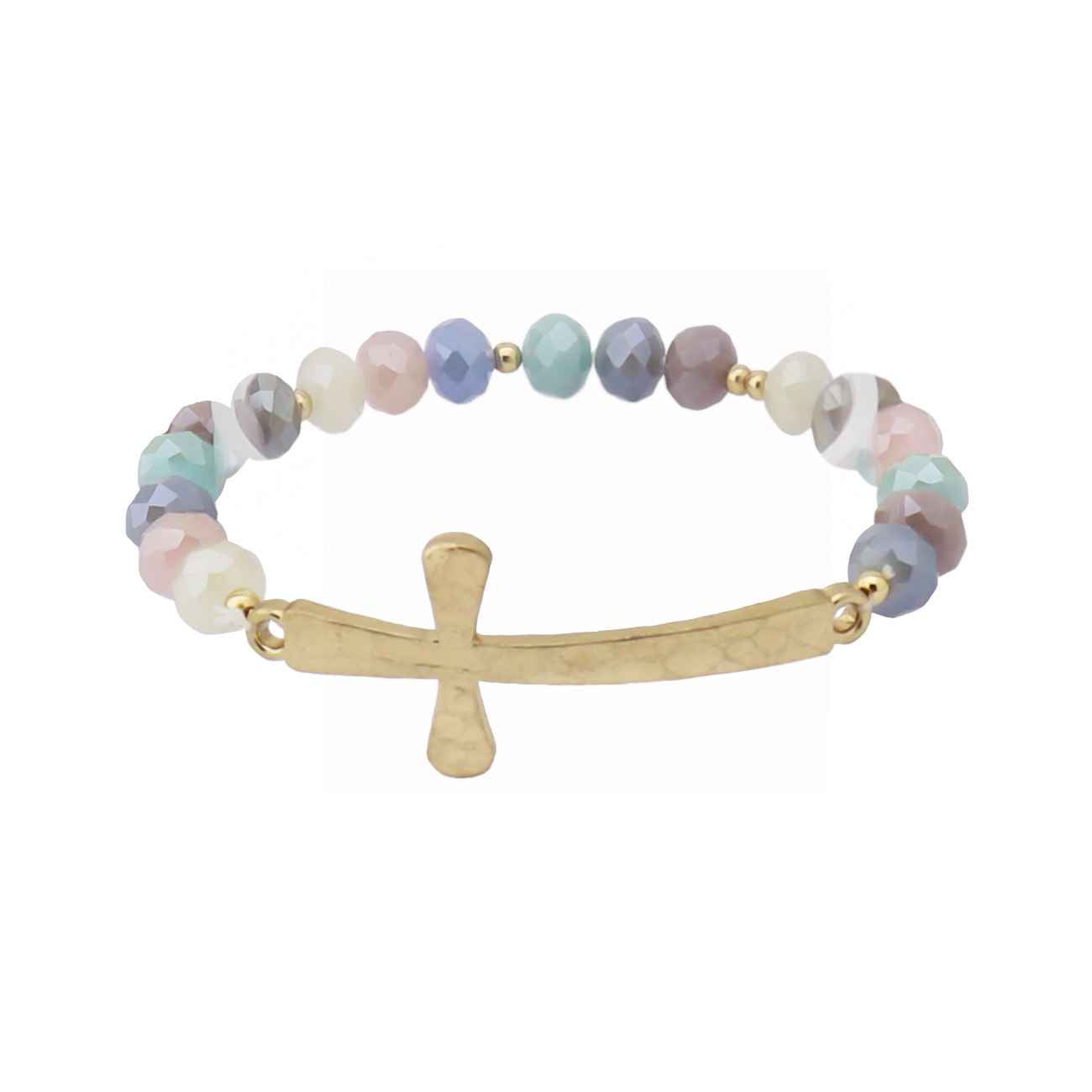 Light Multi Crystal with Gold Cross Stretch Bracelet
