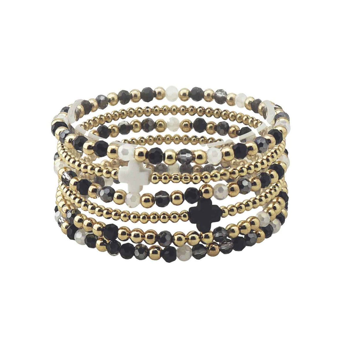 Black Multi Crystal with Gold and Cross Set of 6 Stretch Bracelets