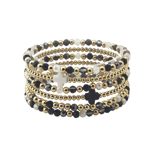 Black Multi Crystal with Gold and Cross Set of 6 Stretch Bracelets