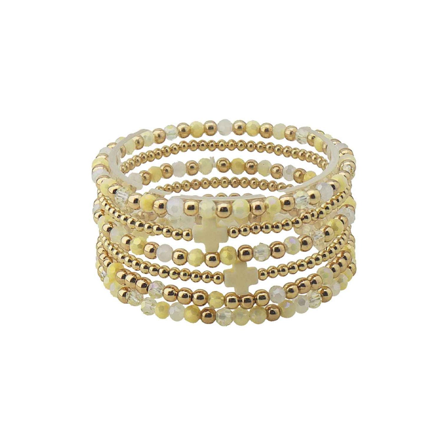 Set of 5 Gold and Yellow Crystal with Cross Stretch Bracelets